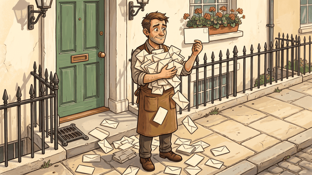 A shopkeeper in a canvas apron standing on a pale stone pavement with both arms full of blank cream letters and envelopes, more of them spilling down over his boots and one held up in his raised hand, in front of a green painted door, with a window box of red geraniums above and iron railings running away to the right.