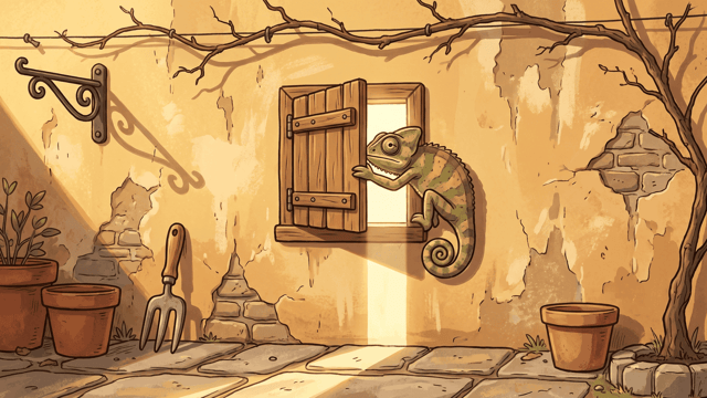 A chameleon clinging to a rough ochre plaster wall and pushing a small timber shutter closed over an opening from which a bright beam of light still spills down onto the stone paving, with bare vine stems along the top of the wall, terracotta pots and a garden fork below.