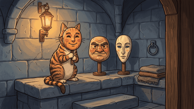 A ginger tabby cat sitting on a stone bench in a vaulted cellar, holding up a painted wooden mask of a smiling cat's face in front of its own head, two other carved masks standing on stands beside it, a lit brass lantern on the wall and folded cloths at the right.