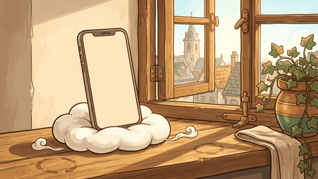 A plain unbranded handset standing upright with a completely blank cream screen, resting on a small white cloud used as a cushion on a broad wooden windowsill, an open casement beside it looking out over tiled roofs and a church spire, with an ivy plant in a glazed pot.