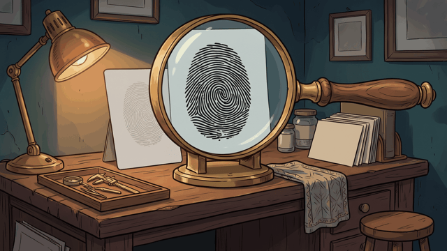 A large brass magnifier on a stand on a wooden desk, held over an upright card so that the fingerprint whorl on it shows big and sharp through the lens, a second fainter print on a card behind, a lit brass desk lamp at the left and a tray of small instruments in front.