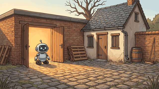 A small round robot standing in the open doorway of a brick shed lit warm amber from inside, a stone cottage with a slate roof and closed timber shutters standing dark and shut beside it across a cobbled yard, with stacked pallets, a barrel and a broom around them.