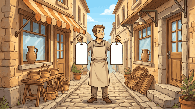A shopkeeper in a canvas apron standing in a narrow sunlit stone lane holding up one blank price ticket in each hand, a shop window with a terracotta jug in it on either side of him, baskets on a trestle at the left and stacked crates at the right.