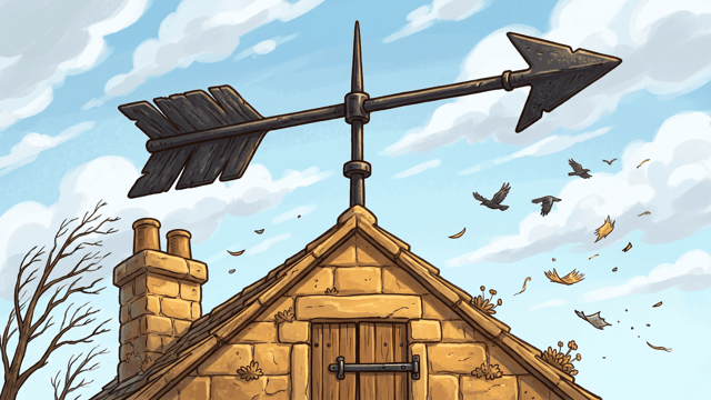 A tall black wrought-iron weather vane, one long feathered arrow on a plain spindle swung hard to one side, against a bright blue windy sky with broken cloud, rooks blown sideways and straw carried past, above the gable end of a honey-coloured sandstone house whose timber shutters are closed and barred, with a stone chimney and a bare tree bending in the wind.