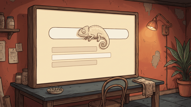 A large upright screen on a slate-topped table, its cream face carrying one long empty rounded field across the top and three blank bars of different lengths listed below it, with a pale chameleon sitting in the middle of that rounded field, drawn in the same cream as the screen behind it so that it reads mainly as an outline, its round eye, gripping feet and curled tail picked out, in a room of terracotta-red plaster with a lit brass lamp and a potted aspidistra.
