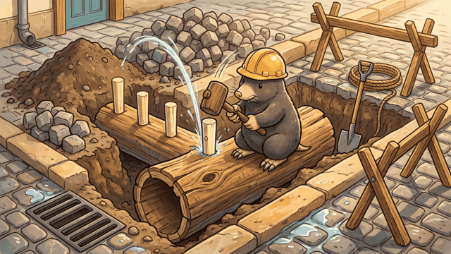 A mole in a yellow hard hat crouched on a hollowed elm water main in an open trench in a cobbled street, driving a wooden peg into it with a mallet while water arcs up from the pipe beside him and three pegs already stand in a row along it, with timber barriers, a shovel and a coil of rope round the trench and stacked setts behind.
