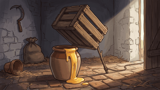 A plain wooden crate propped up at one corner on a stick with a cord tied to it, set as a trap over an open earthenware pot of honey that has run down its side onto the brick floor of a dim stone barn, with a sack, a tipped flowerpot and a scythe blade on the wall, and bright daylight in the doorway.