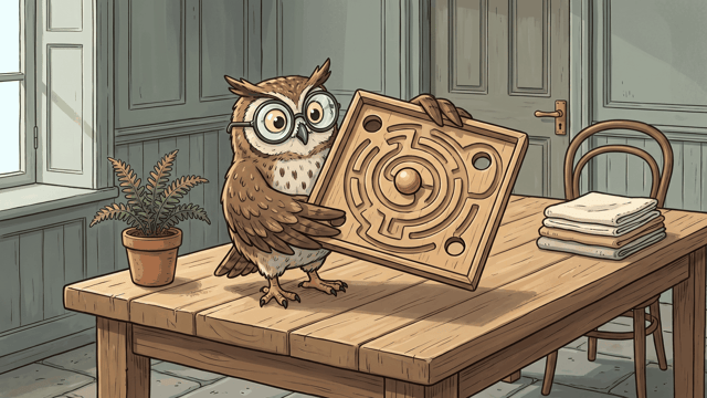 An owl in round spectacles standing on a scrubbed wooden table, holding up a square wooden ball-maze puzzle tilted towards the viewer with one wooden ball resting in the middle of its grooved circular track, with a potted fern, a stack of folded cloths and a grey panelled door behind.