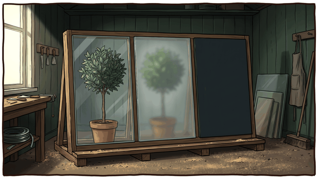 One timber frame standing on the floor of a green-boarded workshop holding three panes side by side: the first clear, with a potted bay tree sharp behind it; the second frosted, the same tree soft and blurred through it; the third solid matt black, showing nothing at all, with a workbench, hanging tools and stacked offcuts around it.