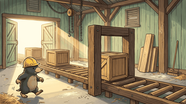 A mole in a yellow hard hat walking beside a timber roller-way in a pale-green boarded goods shed, one plain wooden crate caught halfway through a heavy free-standing square timber frame built across the rollers whose opening is barely wider than the crate itself, with more crates further back, stacked boards, a broom and open doors onto sunlight at the left.