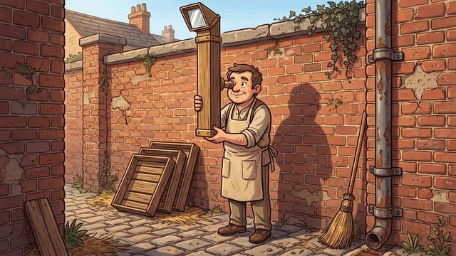 A man in a pale canvas apron standing in a brick yard holding up a tall wooden periscope with an angled mirror head, sighting it over the top of the weathered brick wall in front of him, with stacked wooden crates and a broom leaning against the wall, a cast-iron downpipe at the right and ivy along the coping.