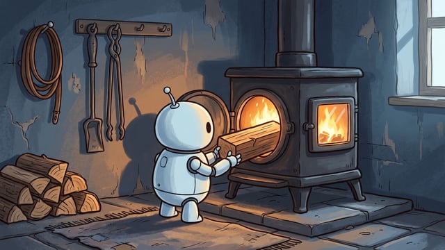 A small round white robot standing on a stone hearth pushing a split log into the open round loading door of a black cast-iron stove, a second fire burning behind the stove’s glazed front door, with a stack of split logs at the left, a rake and tongs hanging on a rail on the blue-grey plaster wall and a bright window at the right.