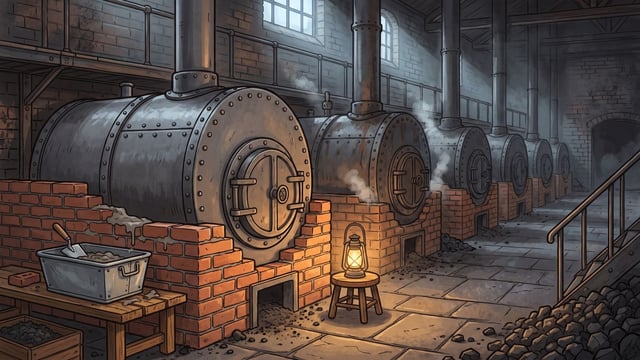 A row of big riveted iron boilers standing one behind another down a dim sooty engine house, the nearest one new and unpainted with the brick setting around it only half built up, a bricklayer’s trowel and a zinc tub of mortar on a timber bench beside it, a lit lantern on a small wooden stool on the flagstones, a heap of coal at the right and cold daylight from high windows.