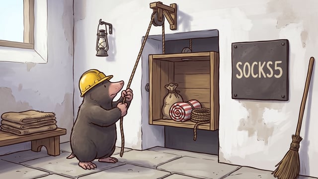 A mole in a yellow hard hat hauling on a rope over a pulley to raise a wooden dumbwaiter box set into a whitewashed wall, the box holding a mixed load of a cloth sack, a red-and-white striped roll and a coil of rope, with a dark slate plate on the wall at the right lettered SOCKS5 in cream, an oil lamp on a hook, folded sacks on a bench at the left and a broom against the wall.