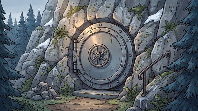 A large round steel vault door set flush into a grey rock face in a mountainside, its rim studded with bolts and a spoked wheel at its centre, a flat stone step in front of it and an iron handrail running up the rock at the right, with moss, ferns and patches of snow on the rock and dark firs on either side.