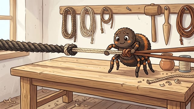 A brown spider standing on a scrubbed pale pine workbench hauling a knot tight in a single line made of three different materials joined end to end, thick dark tarred rope on the left, fine cream twine in the middle and a flat brown leather lace on the right, the line drawn taut straight across the frame above the bench, with coils of rope, a mallet and tools hanging on a rail on the limewashed wall behind and shavings on the floor.