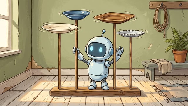 A small round robot standing behind a wooden stand of four upright poles, each spinning a different dish on its tip, a plain cream plate, a blue glazed bowl, a square wooden tray and a white fluted dish, in a pale green room with bare plaster, a coil of rope on a peg, a potted fern on a bench and sunlight falling across the floorboards.