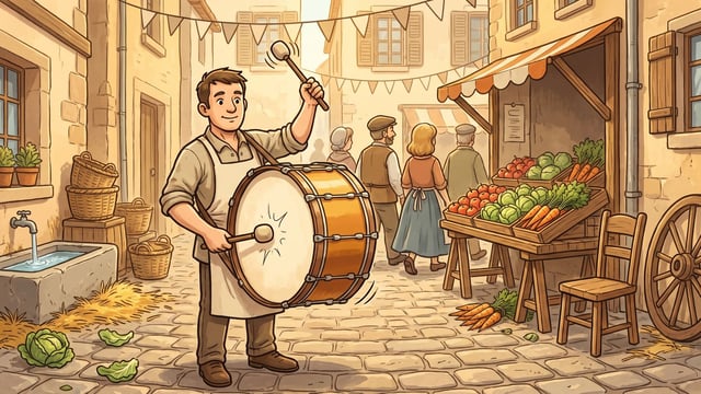 A shopkeeper in a canvas apron standing in a cobbled market square beating a big bass drum slung at his waist, a mallet in each hand, with a market stall of vegetables in wooden crates under a striped awning at the right, bunting strung across the lane, townspeople walking away up the street, a stone water trough at the left and a cartwheel leaning against the wall.