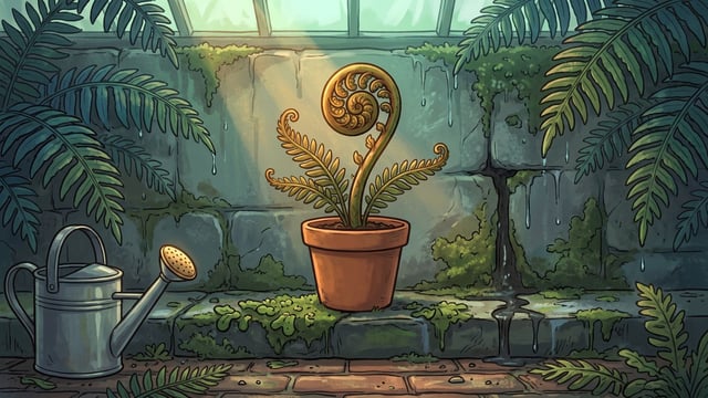 A young fern in a terracotta pot on a mossy stone ledge in a glasshouse, its tallest frond still tightly coiled at the tip in a golden spiral and the lower fronds already uncurling into open leaflets, with big dark fern fronds crowding in from both sides, a galvanised watering can on the ledge at the left, water running down the wet stone wall behind and green light from the glass roof above.