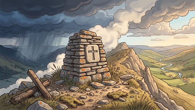 A dry-stone cairn built up on a mountain ridge with a pale stone slab set into its face carved with a plain cross, dark storm cloud and falling rain over the valley on the left and clear calm weather with sunlit green pasture, a winding river and scattered farms on the right, with a broken wooden signpost lying in the grass at the left and loose stones and small white flowers around the base.