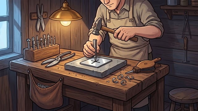A silversmith at a dark wooden bench striking a steel punch with a hammer into a flat rectangular silver plate, a small cross already marked in its surface, with a block holding a row of other punches, a pair of snips and scattered silver clippings on the bench, a leather catch-apron slung underneath, a brass lamp lit overhead and tools hanging on the boarded wall.