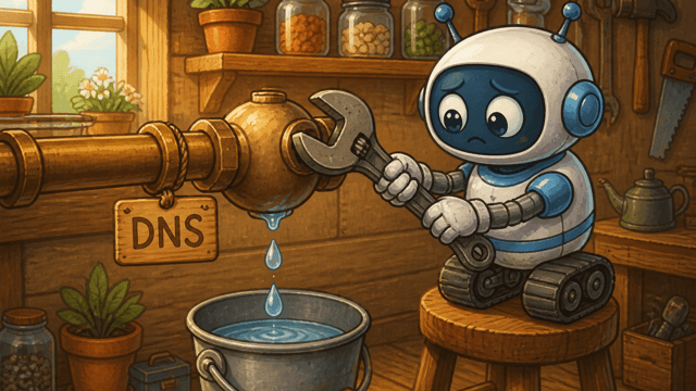 A small round robot on a stool tightening a brass pipe joint tagged DNS while a steady drip escapes into a tin pail below