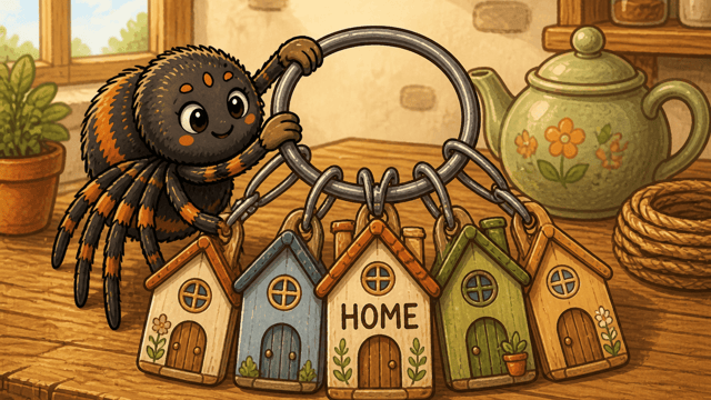 A cartoon spider holding up a large iron keyring hung with five small wooden tags carved as little cottage houses, one lettered HOME