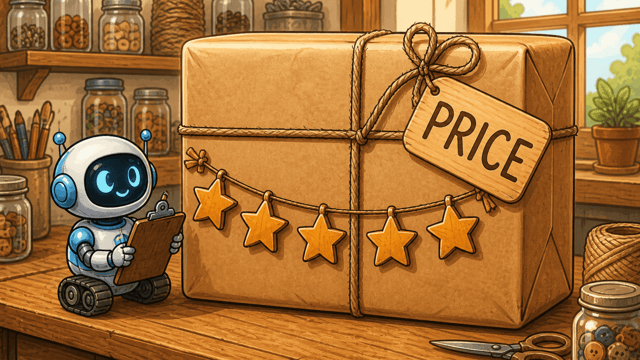 A plain twine-bound parcel on a workbench with a large hand-lettered PRICE tag and a garland of five carved wooden stars, a small robot taking stock with a clipboard