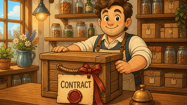 A shopkeeper presenting a lidded wooden crate on a counter with a wax-sealed certificate lettered CONTRACT tied to its handle