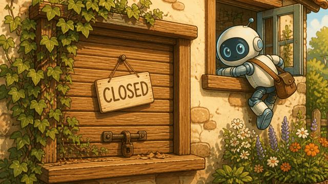 A long-disused wooden serving hatch shuttered and latched with a hand-lettered CLOSED card and ivy, while a small robot climbs in through an open window above