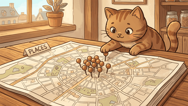 A cartoon cat pressing amber-headed brass pins into a cluster on a large open street map, beside a paper tab hand-lettered PLACES