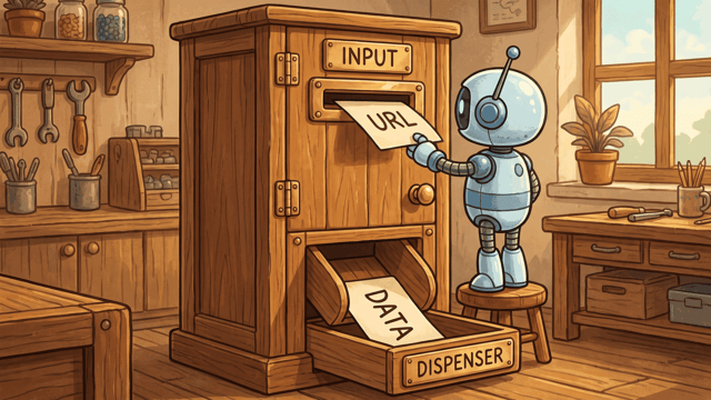 A small round robot posting a card hand-lettered URL into the brass slot of a tall wooden dispensing cabinet while a card lettered DATA slides out of the chute below