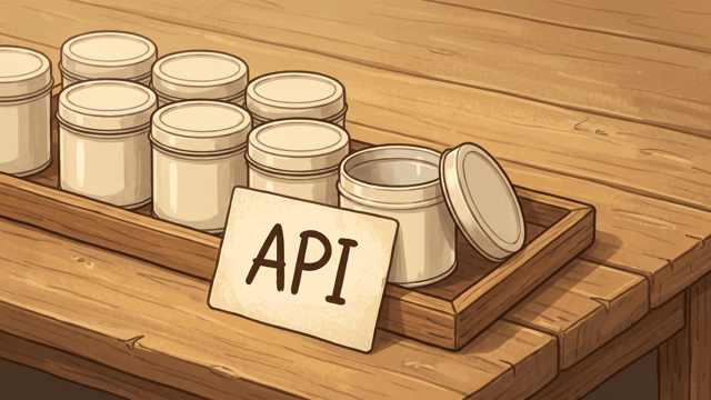 A wooden tray of identical small cream tins on a table, one at the front standing open with its lid propped beside it and a card hand-lettered API