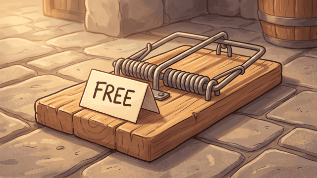 A large hand-made wooden mousetrap on a stone floor, baited with a small cream card hand-lettered FREE where the cheese would go