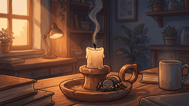 A single stout cream candle burned low with its wick just gone out and one curl of smoke rising, a small cartoon spider curled asleep at its foot