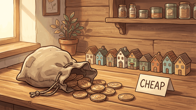 A cloth coin purse spilling brass coins on a table in front of a row of nine tiny painted wooden houses, beside a card hand-lettered CHEAP