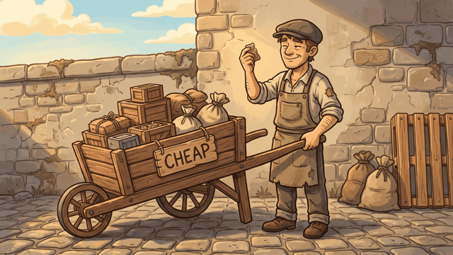 A trader in an apron beside a wooden handcart in a cobbled street, holding one item up to the light, a card on the cart hand-lettered CHEAP