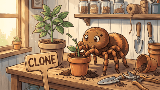 A cartoon spider planting a green cutting into a small terracotta pot on a potting bench, the plant label hand-lettered CLONE