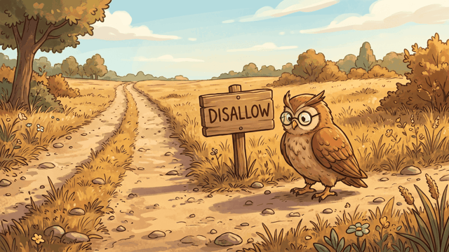 An owl in spectacles reading a small wooden sign on a stake hand-lettered DISALLOW, standing on an open unfenced gravel path