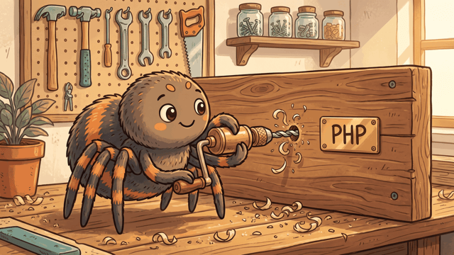 A cartoon spider turning a brass hand drill into a wooden panel plated PHP, wood shavings curling out