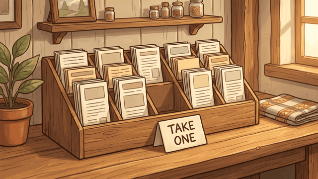 A wooden rack of upright paper leaflets with one slot empty, beside a card hand-lettered TAKE ONE
