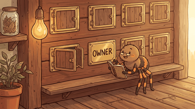 A cartoon spider reading the one uncovered brass name plate, hand-lettered OWNER, in a row of shuttered plates on a wooden wall