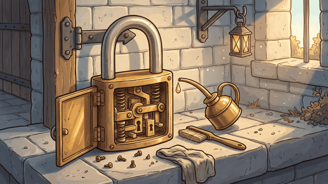 A big brass padlock, shackle upright and face plate swung open on its spring works, on a stone gatehouse sill with an oil can dripping one drop in