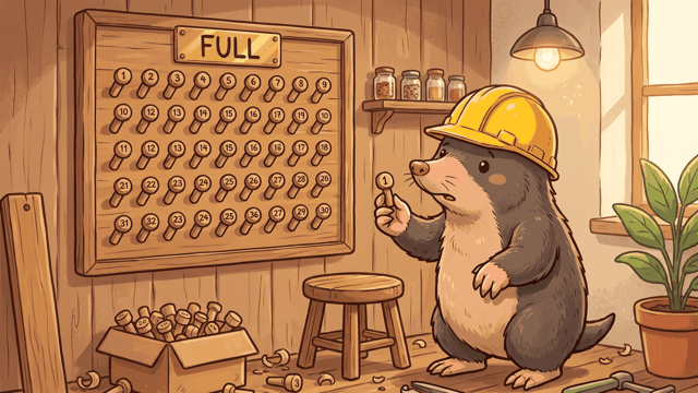 A mole in a yellow hard hat holding one last wooden peg with nowhere to put it, before a peg board whose every hole is filled