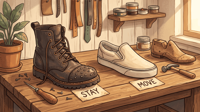 A heavy laced work boot labelled STAY beside a light canvas slip-on labelled MOVE on a cobbler's bench