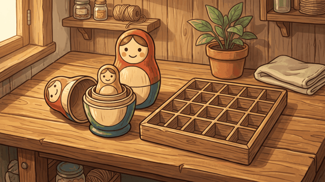 A set of opened wooden nesting dolls beside a flat wooden tray of identical square compartments