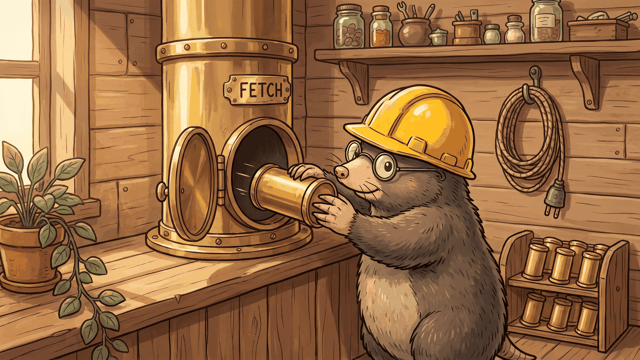 A mole in a yellow hard hat pushing a brass carrier capsule into a pneumatic message tube hand-lettered FETCH