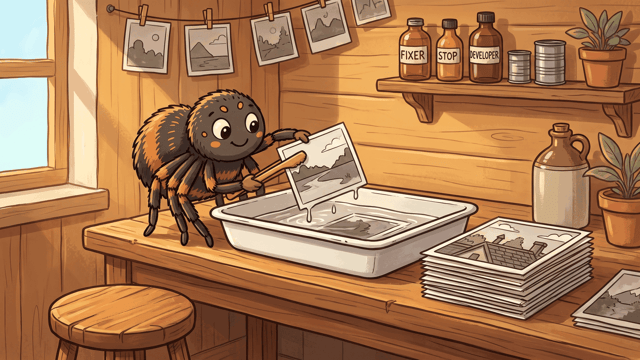 A cartoon spider lifting a photographic print out of a developing tray with wooden tongs in a sunlit pine-panelled workroom