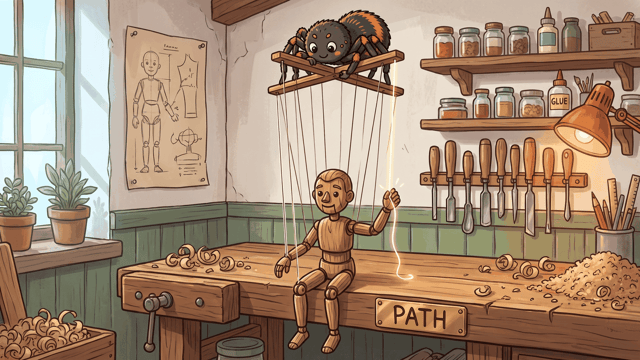 A cartoon spider working a wooden marionette's control bar, one string picked out taut, in a puppet-maker's workshop