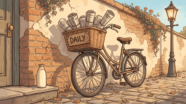 A delivery bicycle with a wicker basket of rolled newspapers against a brick wall, a plate hand-lettered DAILY